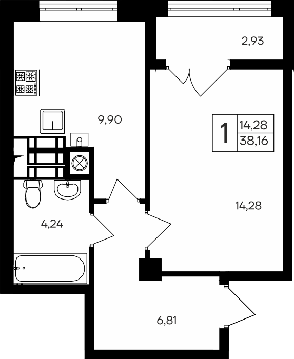 Планировка — Парковые кварталы, 1-комн., 35 м²
