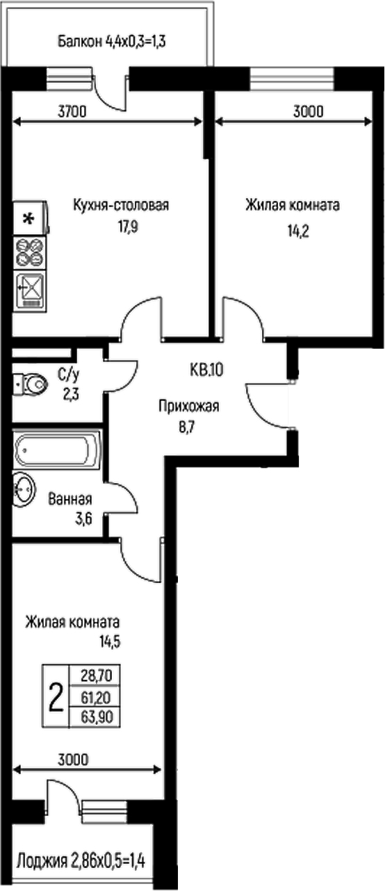 Планировка — Nova Vita, 3-комн., 61 м²