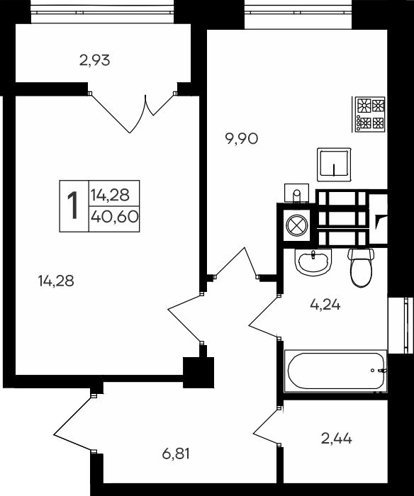 Планировка — Парковые кварталы, 1-комн., 38 м²