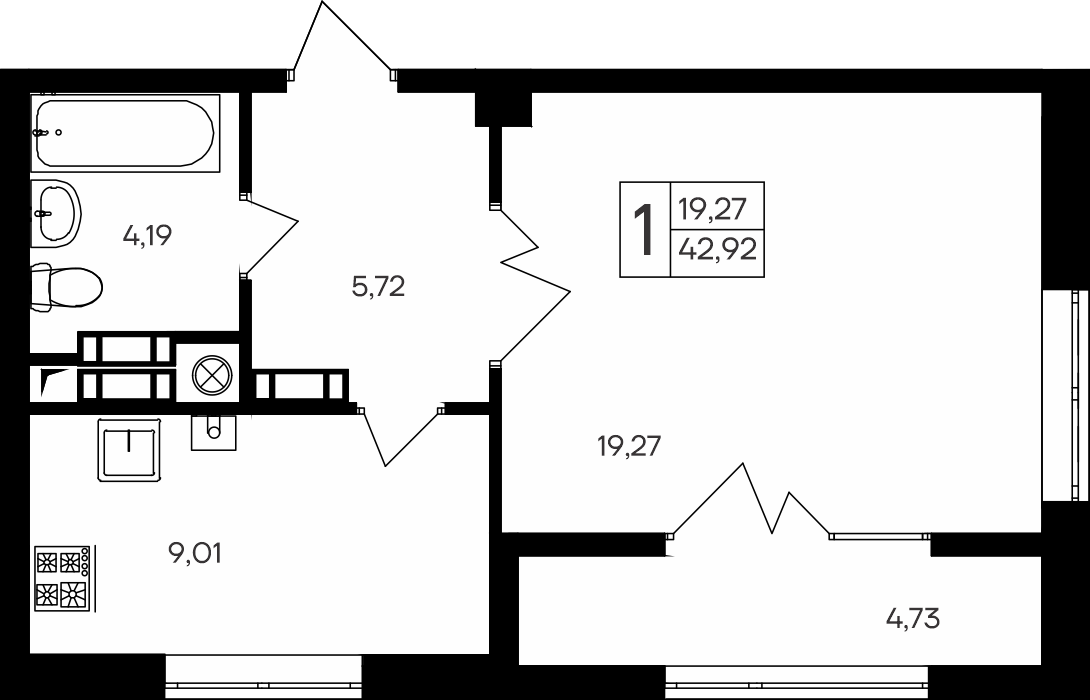 Планировка — Парковые кварталы, 1-комн., 38 м²