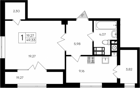 Планировка — Парковые кварталы, 1-комн., 41 м²
