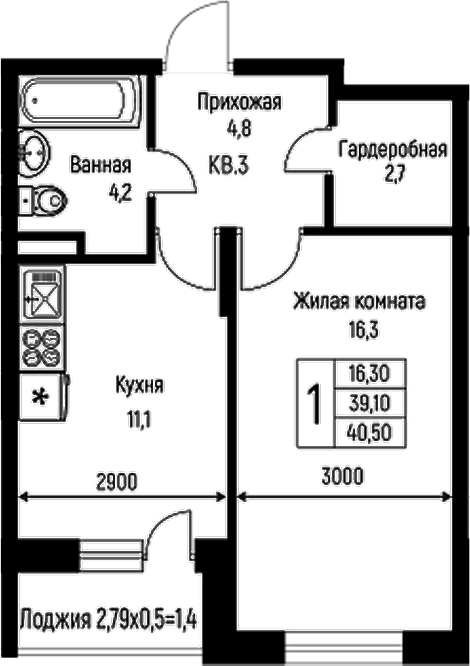 Планировка — Nova Vita, 1-комн., 39 м²