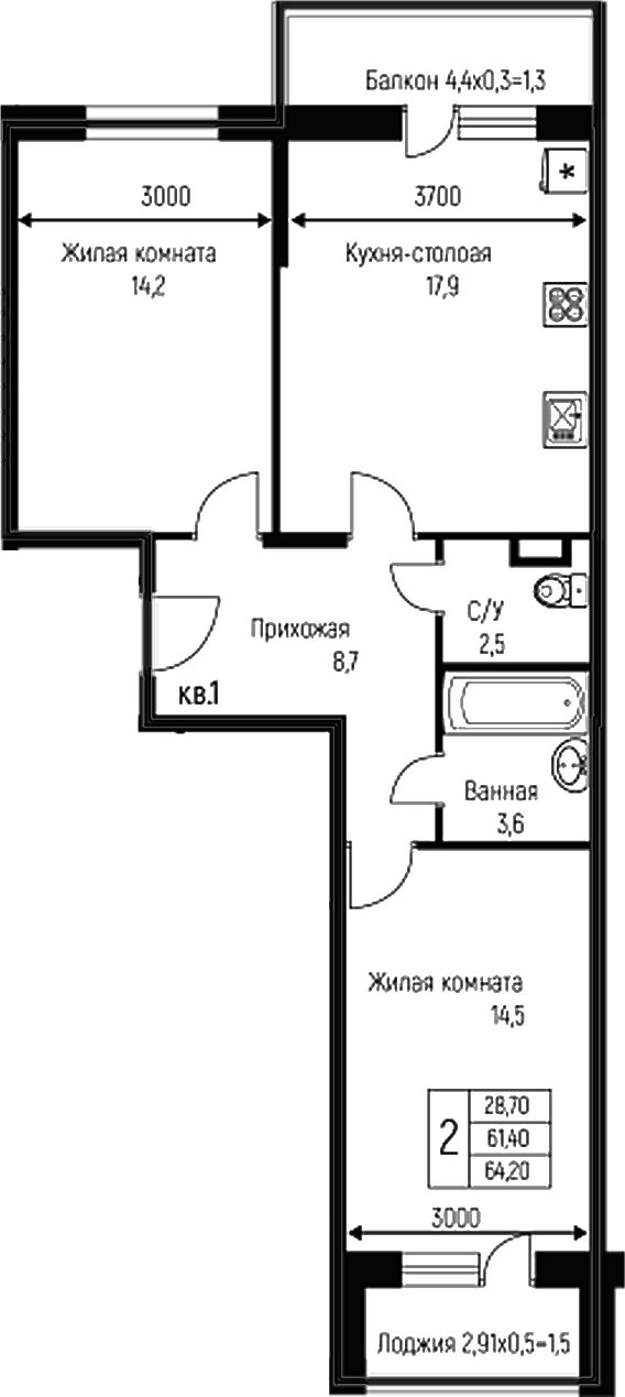 Планировка — Nova Vita, 3-комн., 61 м²