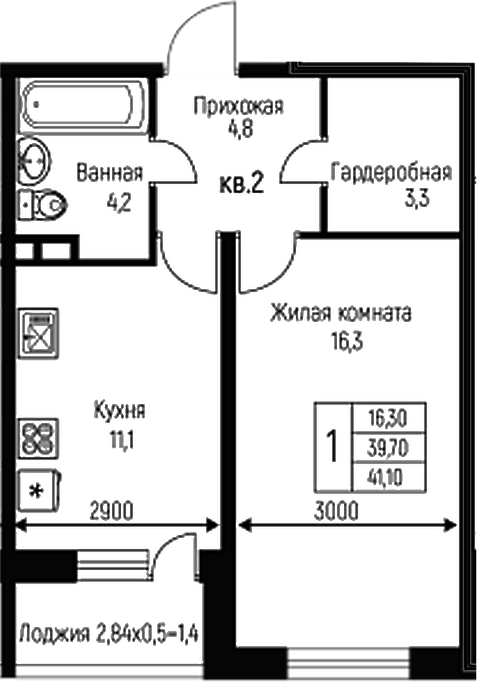 Планировка — Nova Vita, 1-комн., 40 м²