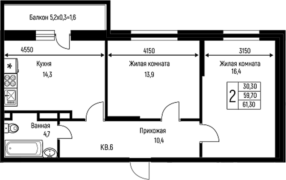 Планировка — Nova Vita, 2-комн., 60 м²
