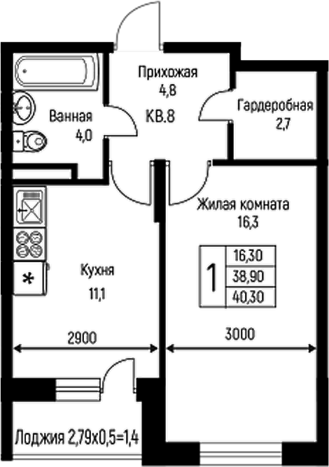 Планировка — Nova Vita, 1-комн., 39 м²