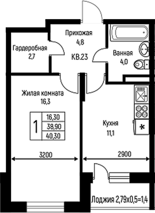 Планировка — Nova Vita, 1-комн., 39 м²
