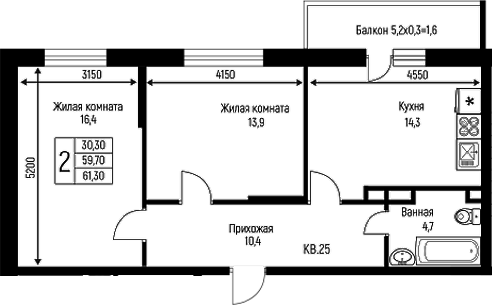 Планировка — Nova Vita, 2-комн., 60 м²