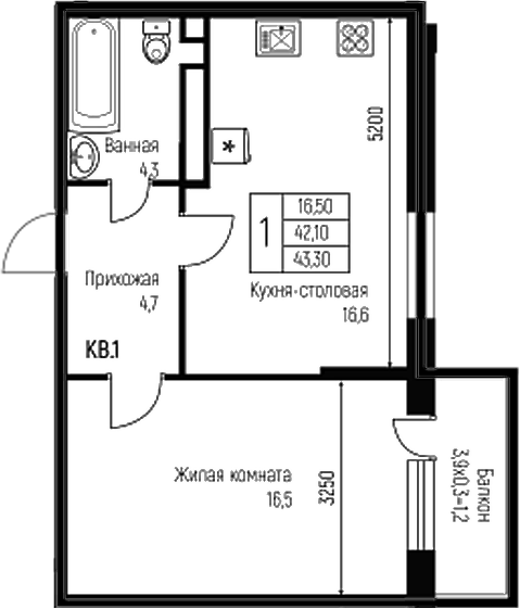 Планировка — Nova Vita, 2-комн., 42 м²