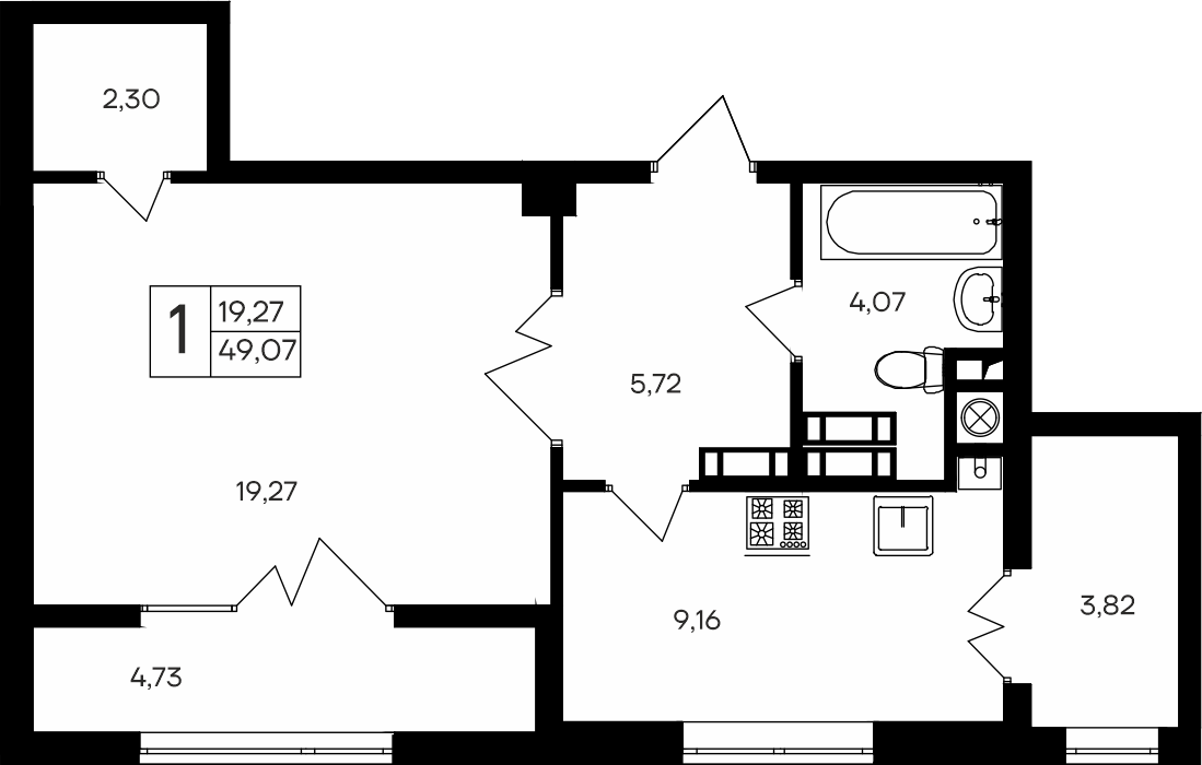 Планировка — Парковые кварталы, 1-комн., 44 м²