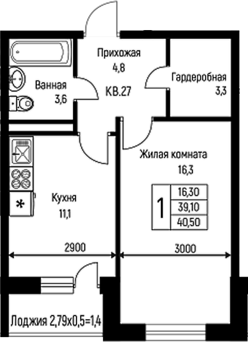 Планировка — Nova Vita, 1-комн., 39 м²