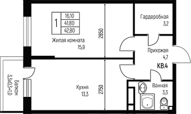 Планировка — Nova Vita, 1-комн., 42 м²