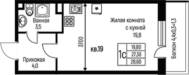 Планировка — Nova Vita, Студия, 27 м²