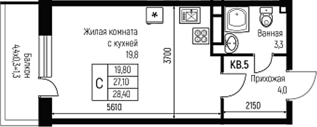 Планировка — Nova Vita, Студия, 27 м²