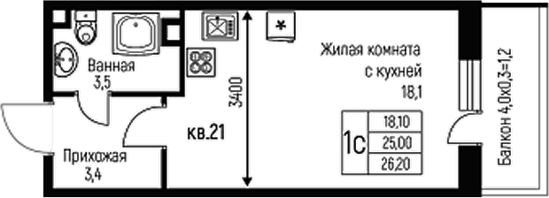 Планировка — Nova Vita, Студия, 25 м²
