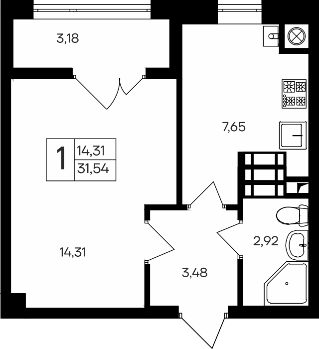 Планировка — Парковые кварталы, 1-комн., 28 м²