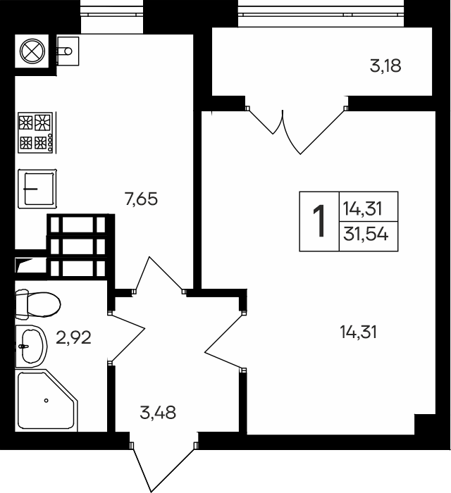 Планировка — Парковые кварталы, 1-комн., 28 м²