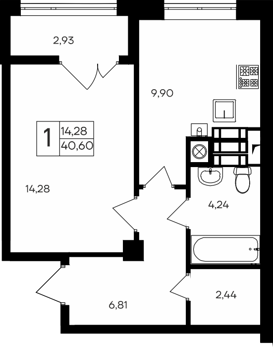 Планировка — Парковые кварталы, 1-комн., 38 м²