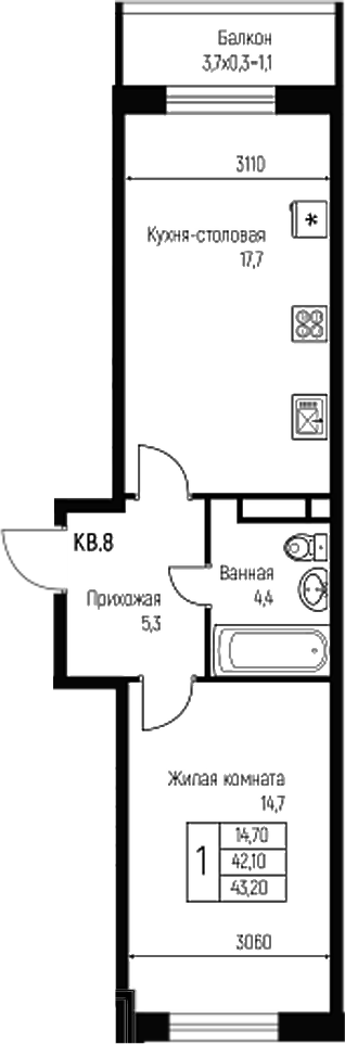 Планировка — Nova Vita, 2-комн., 42 м²