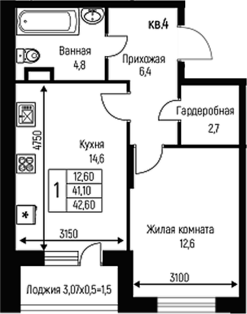 Планировка — Nova Vita, 1-комн., 41 м²