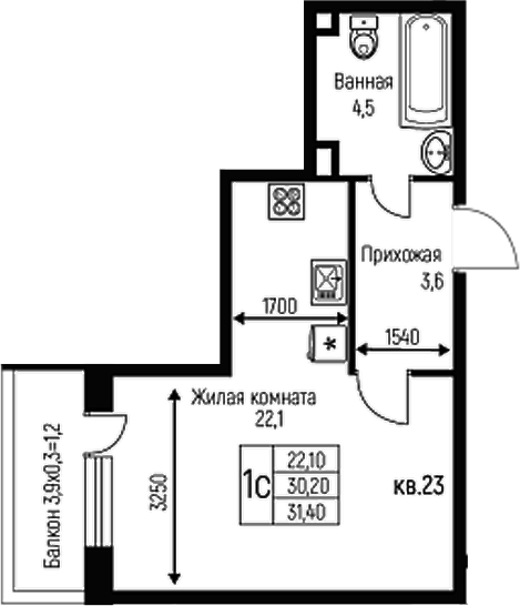 Планировка — Nova Vita, Студия, 30 м²