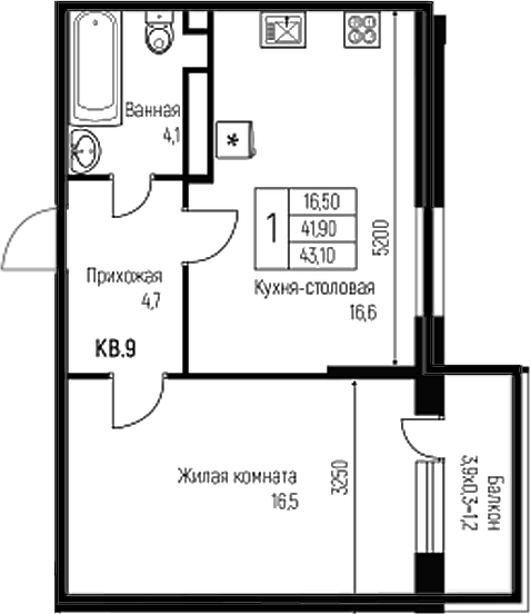 Планировка — Nova Vita, 2-комн., 42 м²