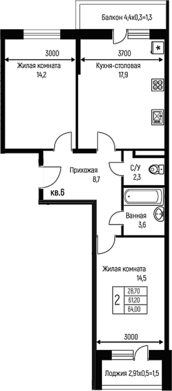 Планировка — Nova Vita, 3-комн., 61 м²