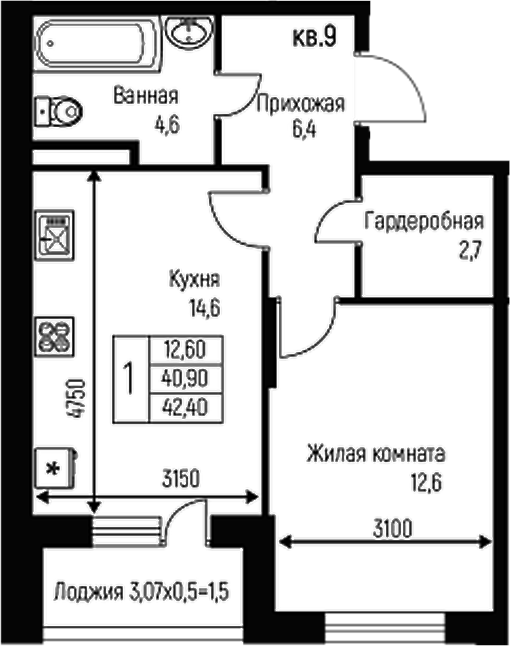 Планировка — Nova Vita, 1-комн., 41 м²