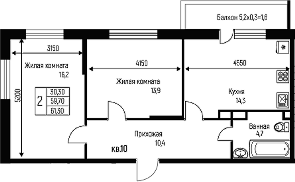 Планировка — Nova Vita, 2-комн., 60 м²