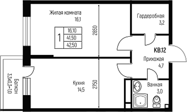 Планировка — Nova Vita, 1-комн., 42 м²