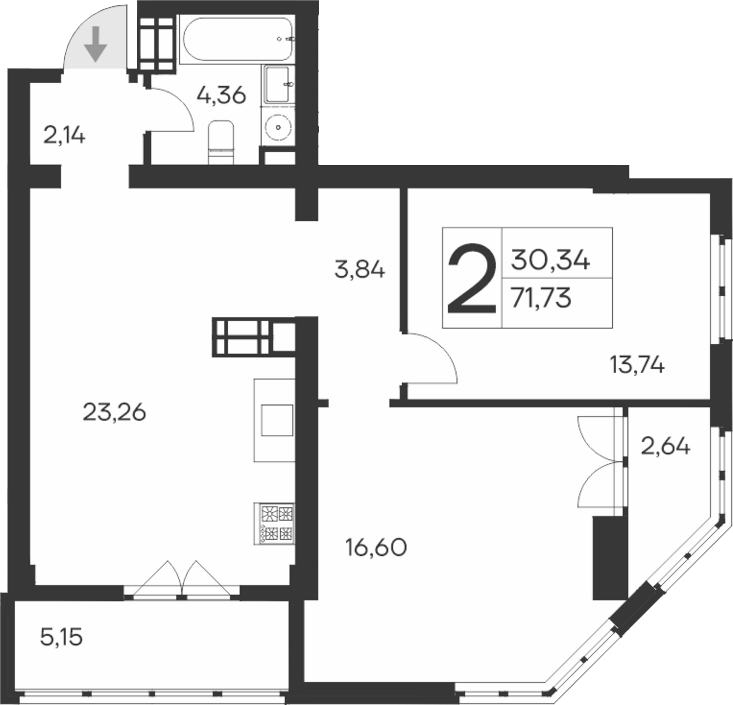 Планировка — Ай-Петри, 2-комн., 64 м²