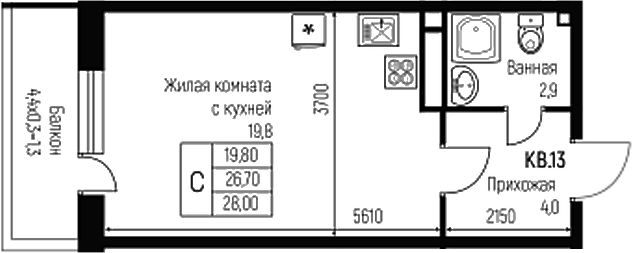Планировка — Nova Vita, Студия, 27 м²