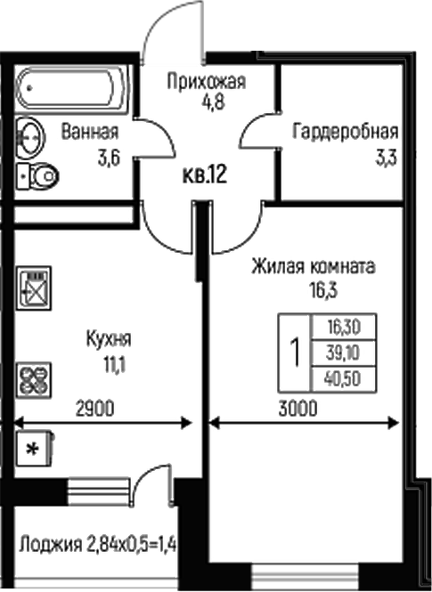Планировка — Nova Vita, 1-комн., 39 м²