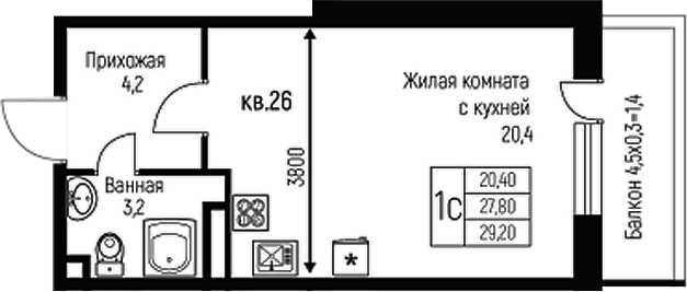 Планировка — Nova Vita, Студия, 28 м²