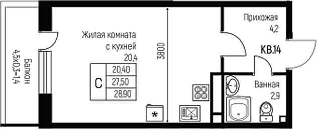Планировка — Nova Vita, Студия, 28 м²