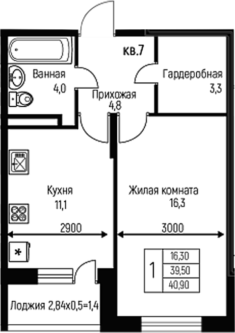 Планировка — Nova Vita, 1-комн., 40 м²
