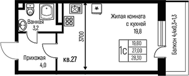 Планировка — Nova Vita, Студия, 27 м²
