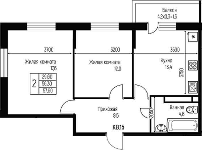 Планировка — Nova Vita, 2-комн., 56 м²
