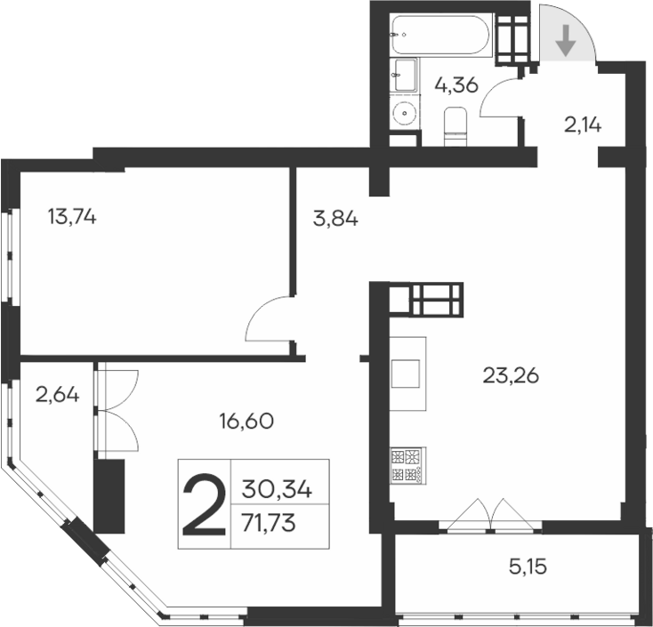 Планировка — Ай-Петри, 2-комн., 64 м²