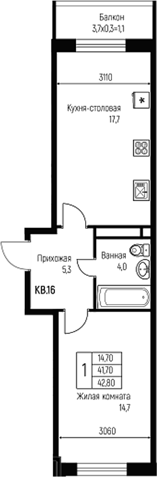 Планировка — Nova Vita, 2-комн., 42 м²