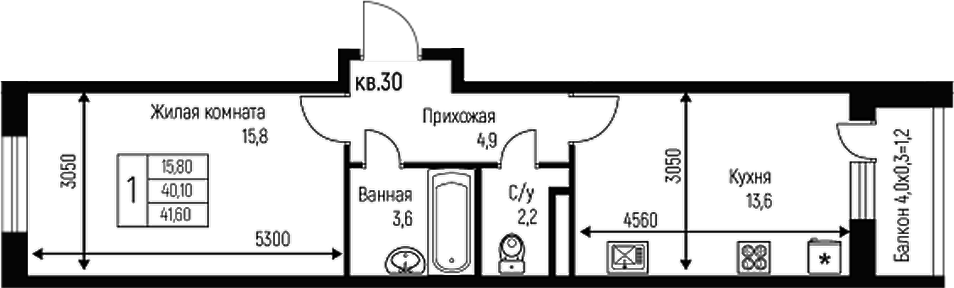 Планировка — Nova Vita, 1-комн., 40 м²