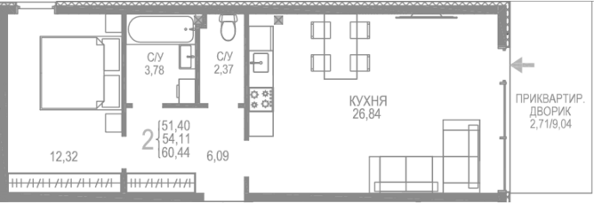 Планировка — Розовое Озеро, 1-комн., 58 м²