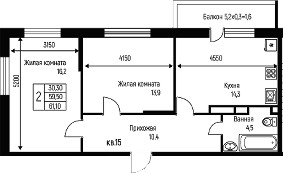 Планировка — Nova Vita, 2-комн., 60 м²
