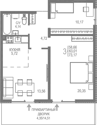 Планировка — Розовое Озеро, 2-комн., 69 м²