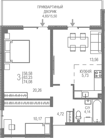 Планировка — Розовое Озеро, 2-комн., 69 м²