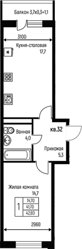 Планировка — Nova Vita, 2-комн., 42 м²