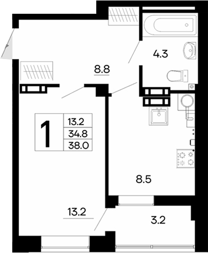 Планировка — Утесов, 1-комн., 35 м²
