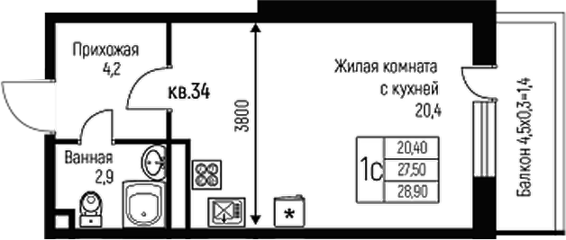 Планировка — Nova Vita, Студия, 28 м²