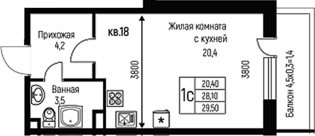Планировка — Nova Vita, Студия, 28 м²