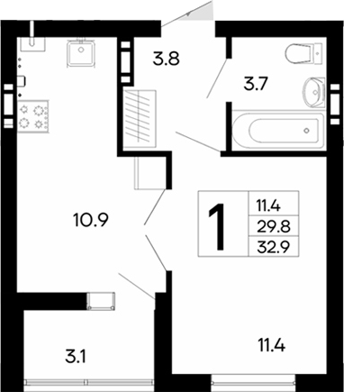 Планировка — Утесов, 1-комн., 30 м²